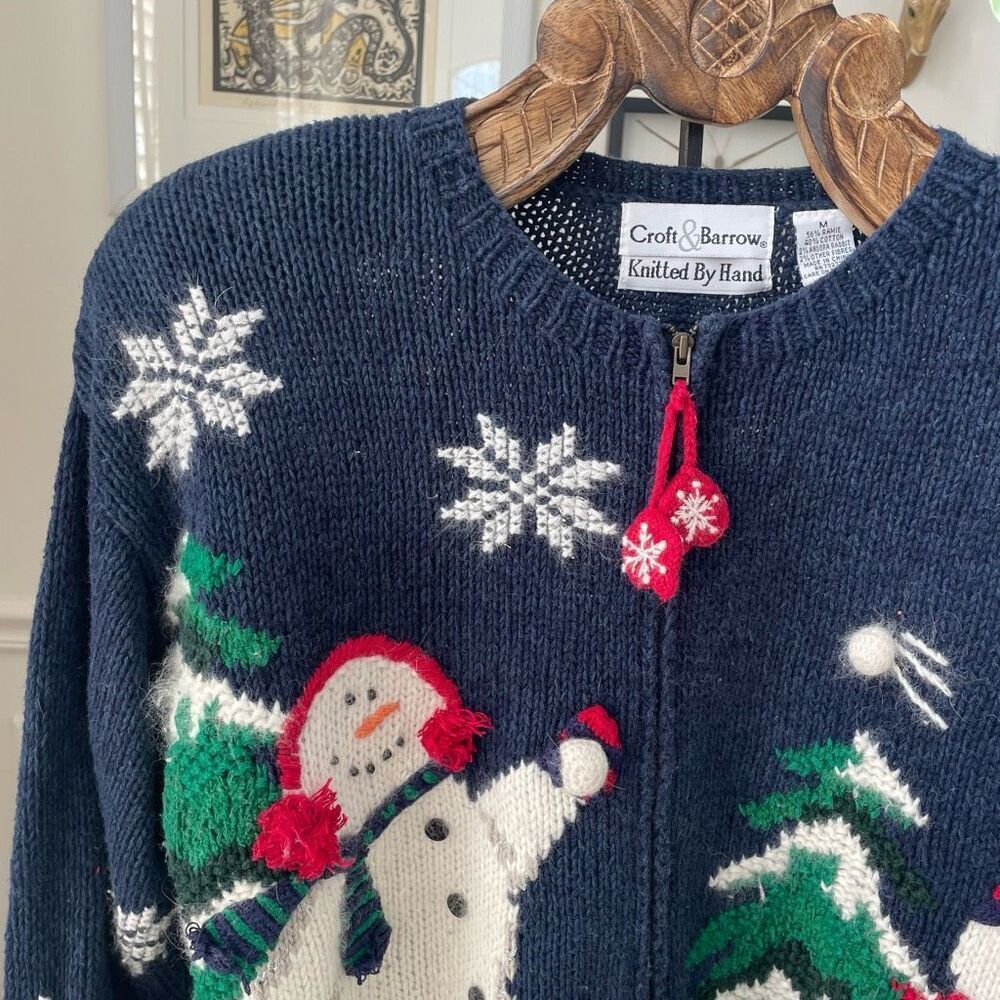 Vintage Croft & Barrow Knit by Hand Snowman Cardigan Sweater Angora M - Picture 2 of 9